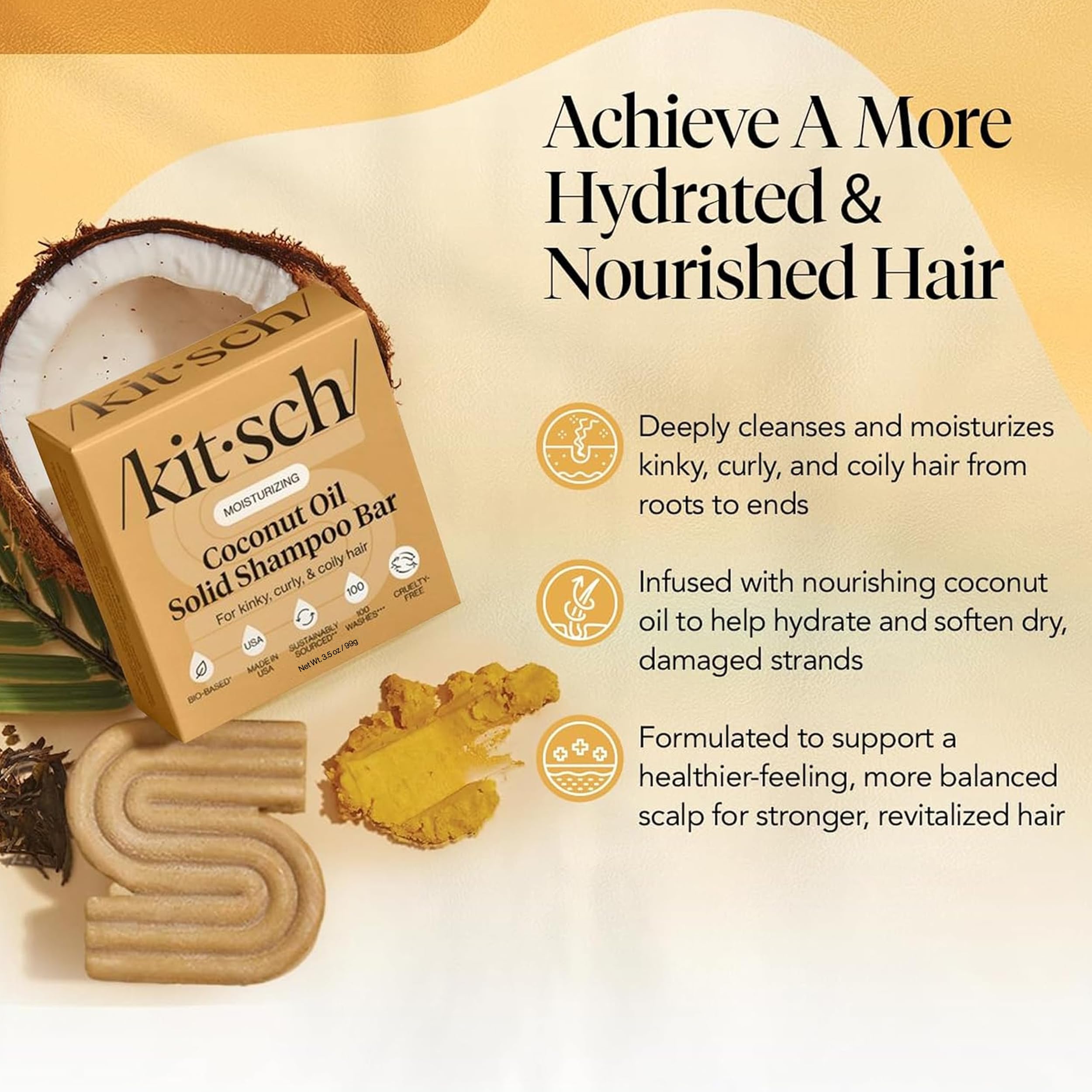 Kitsch shampoo bar texture close-up highlighting creamy coconut-rich lather