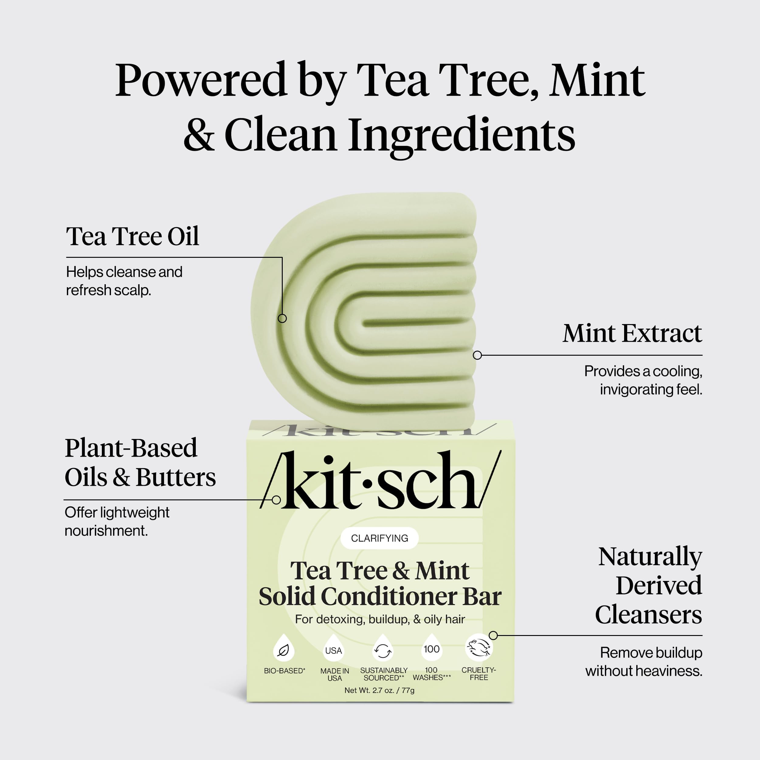 Kitsch conditioner bar close-up of ingredients emphasizing clarifying tea tree benefit