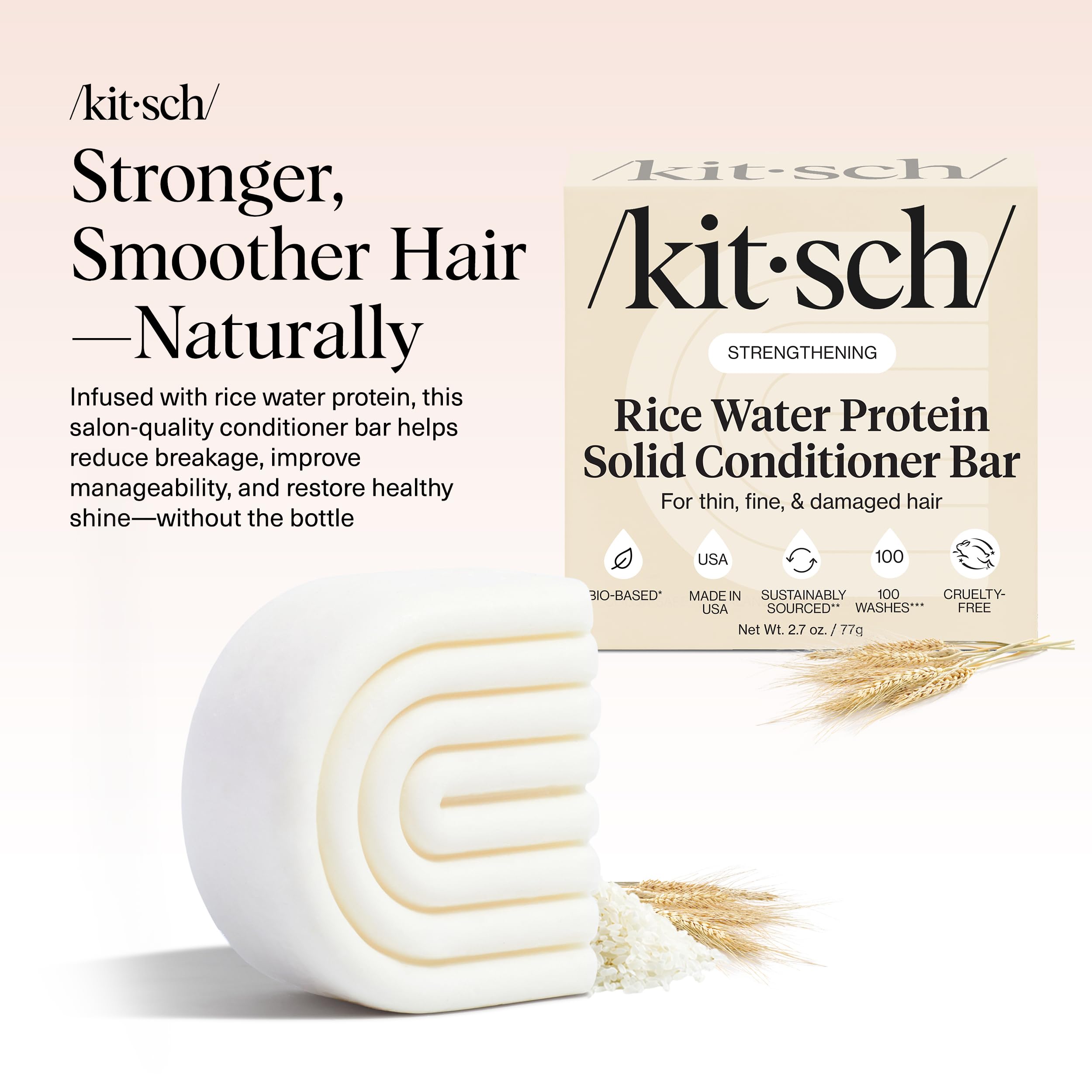 Kitsch conditioner bar texture close-up highlighting rice protein-rich surface benefits