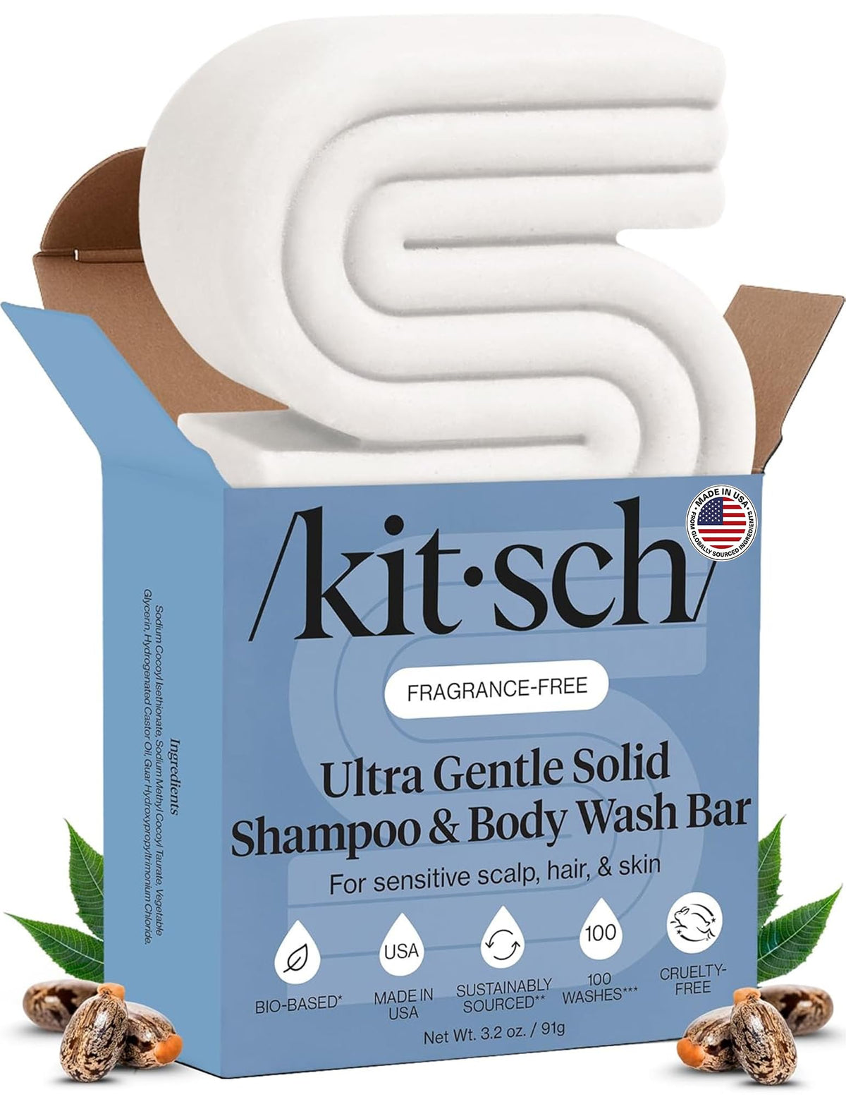 Kitsch front packaging showing the 2-in-1 bar and its scent-free benefit