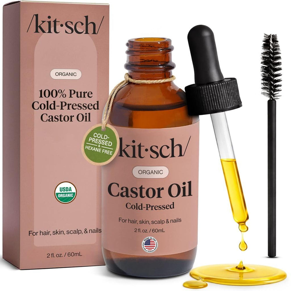 Kitsch glass bottle front view shows clean packaging and pure castor oil benefits