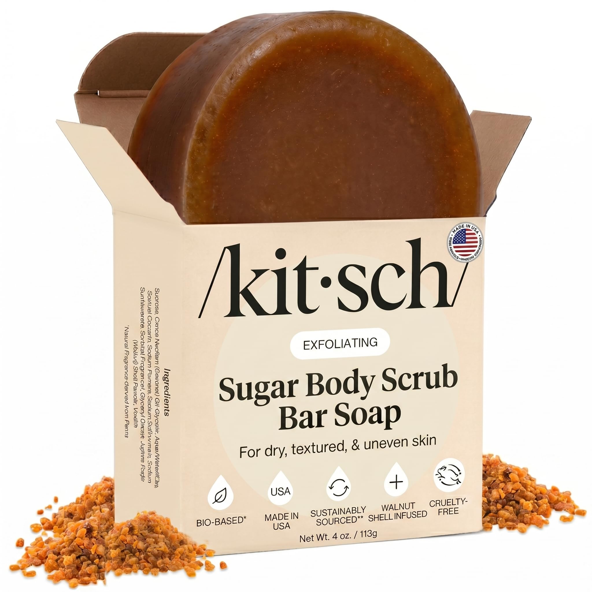 Kitsch front packaging of exfoliating sugar body scrub bar, clear product visibility and benefit