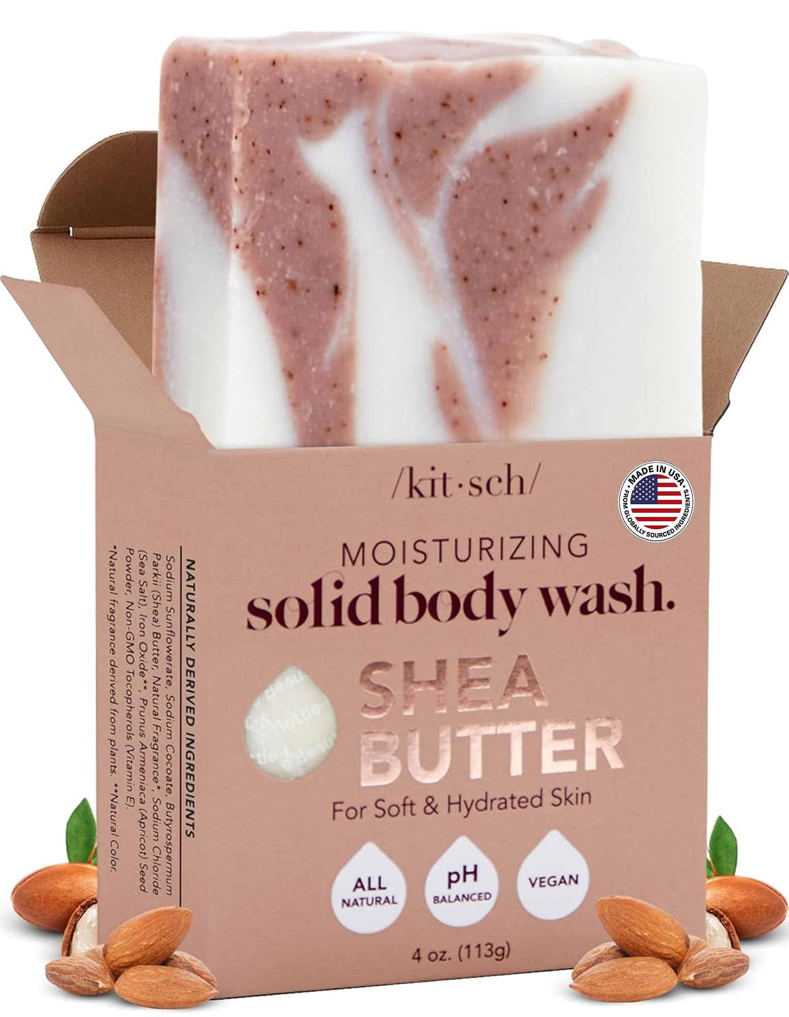 Kitsch front packaging of exfoliating shea butter bar showing brand and clean design