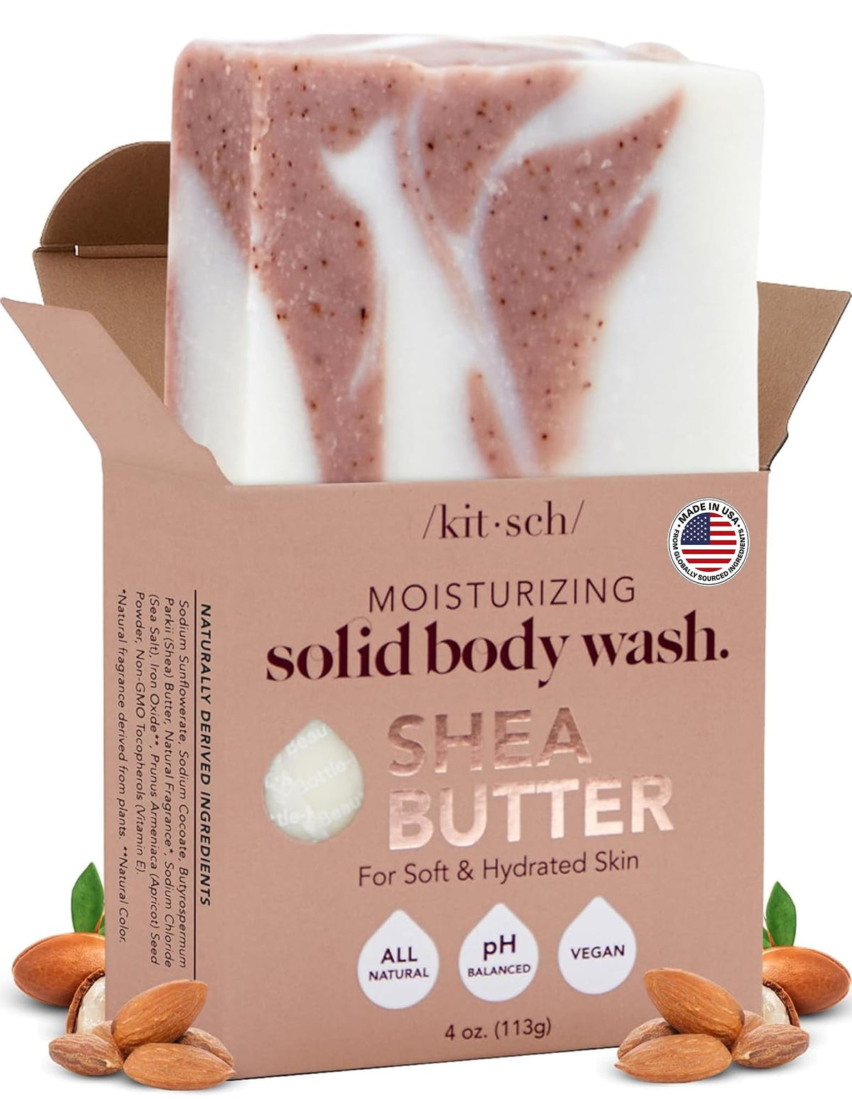 Kitsch front packaging of exfoliating shea butter bar showing brand and clean design