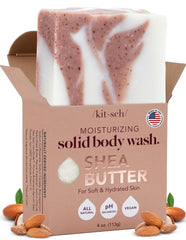 Kitsch front packaging of exfoliating shea butter bar showing brand and clean design