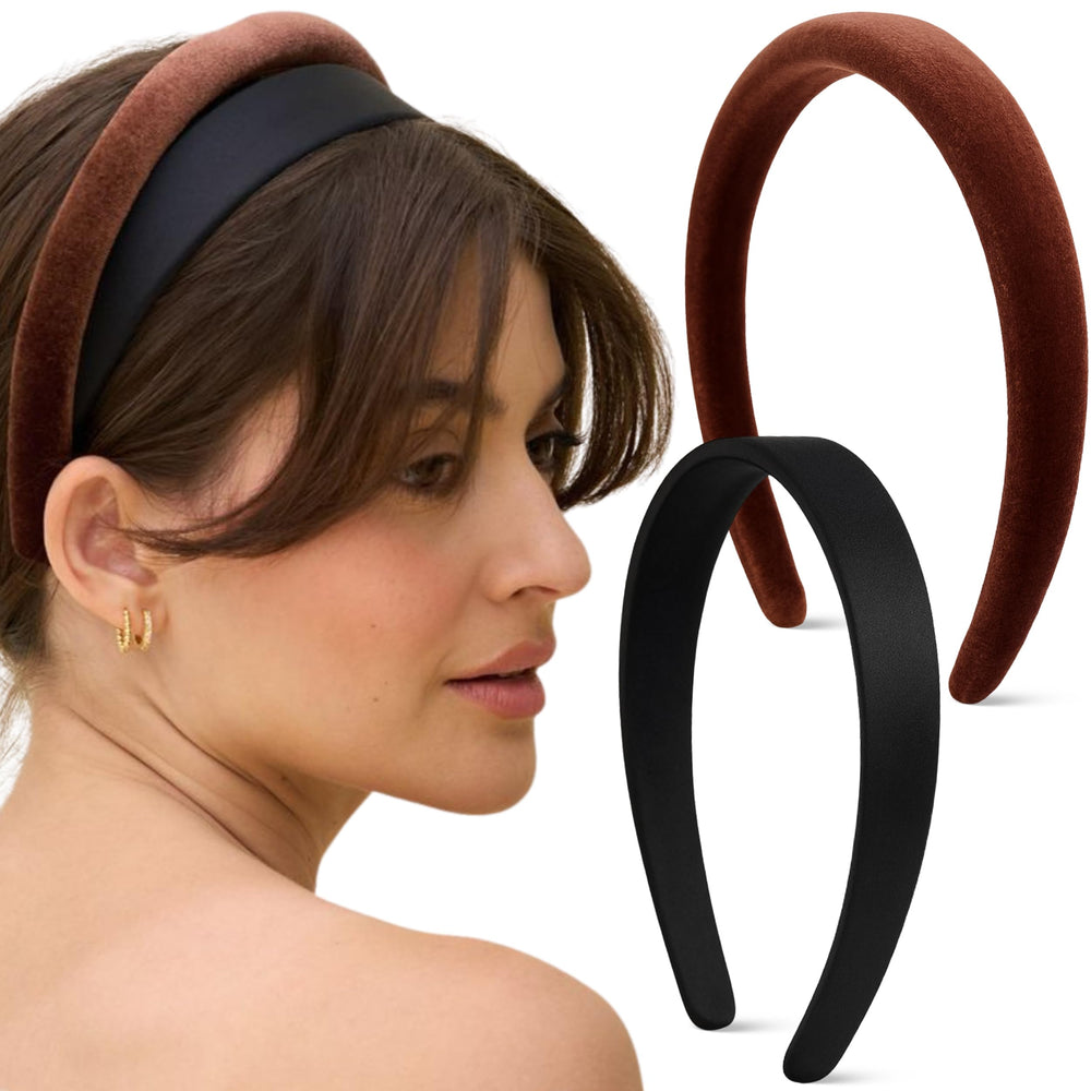 Kitsch front view of two headbands shows black and chocolate colors and styling options