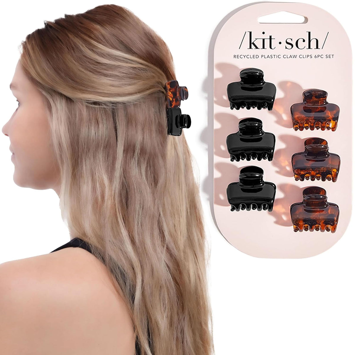 Kitsch front view of black and tortoise clips showing polished finish and secure hold