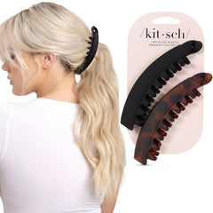Kitsch banana clip front view in black and tortoise showing compact design and secure hold
