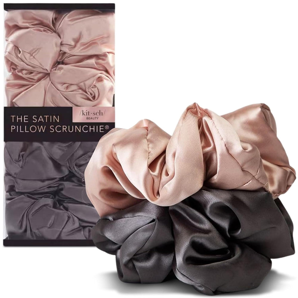 Kitsch front packaging showing blush and charcoal scrunchies for stylish protection