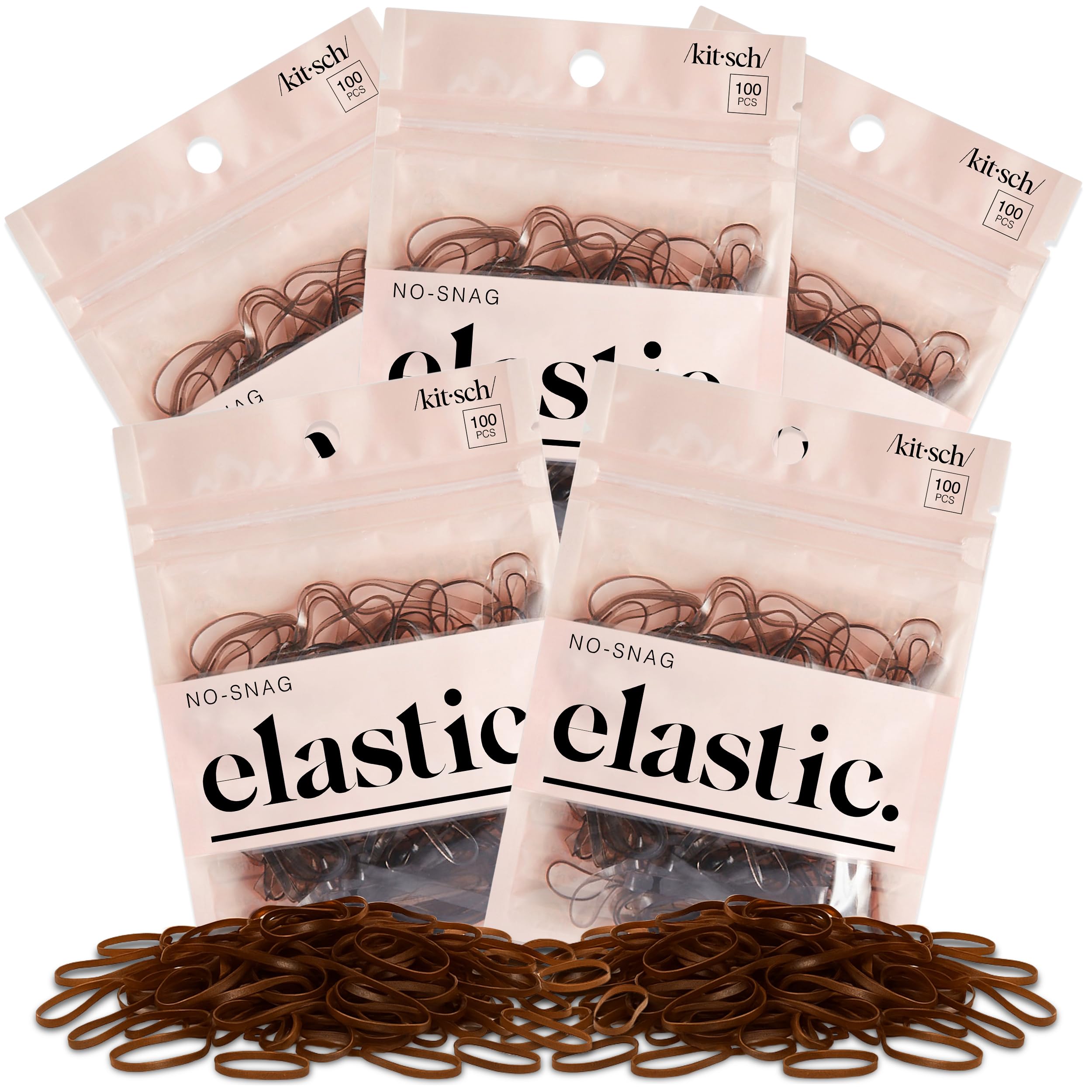 Kitsch front packaging of 500 brown elastics showing bulk supply and discreet color