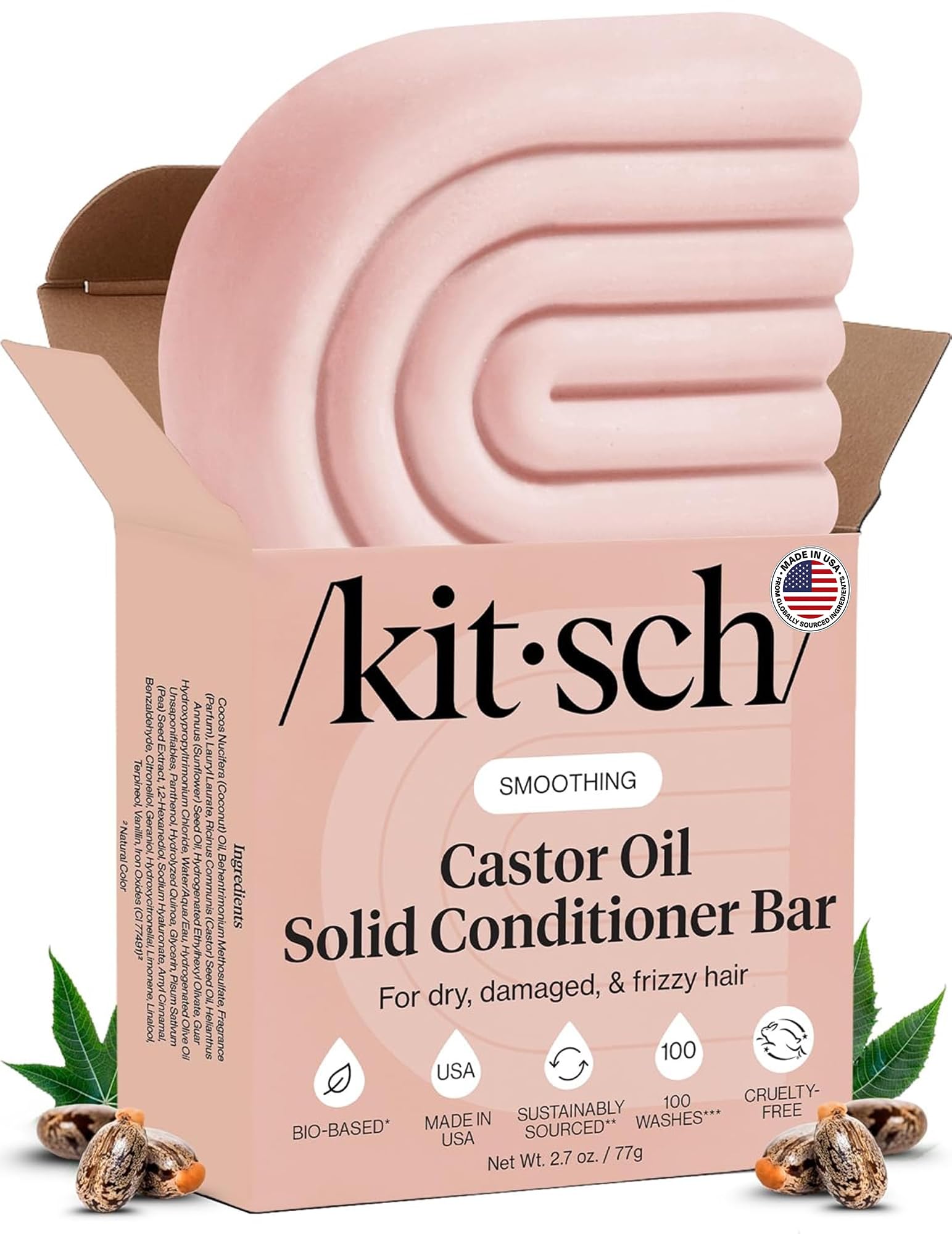 Kitsch front packaging showing conditioner bar and weight, highlights travel benefit