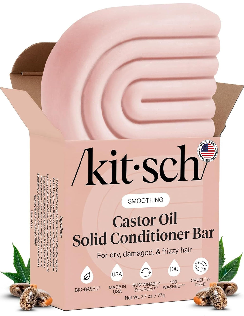 Kitsch front packaging showing conditioner bar and weight, highlights travel benefit