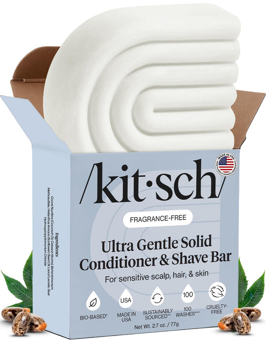 Kitsch front packaging showing compact conditioner and shaving bar, ideal for travel