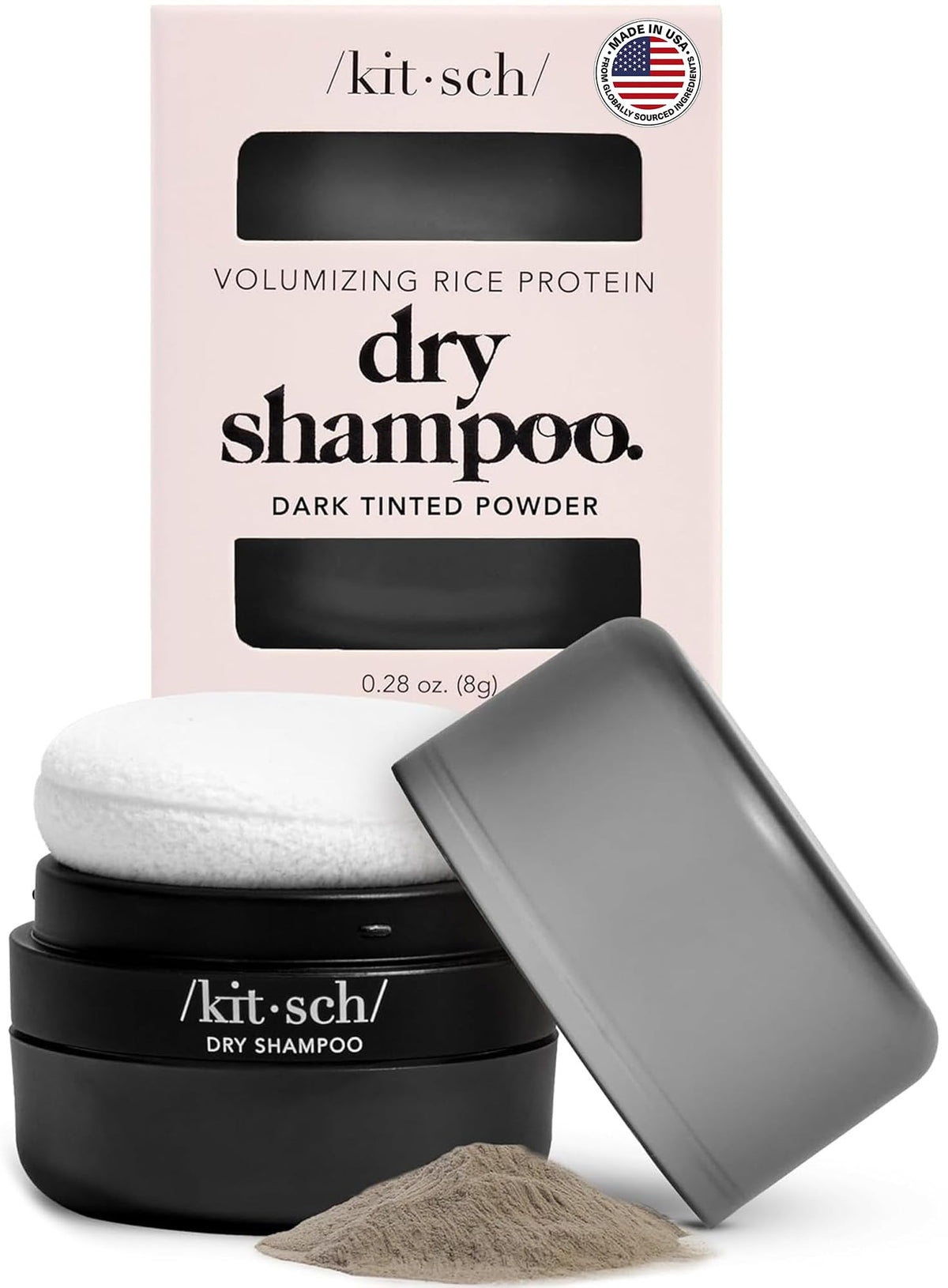 Kitsch front packaging of travel dry shampoo showing compact container and label benefit