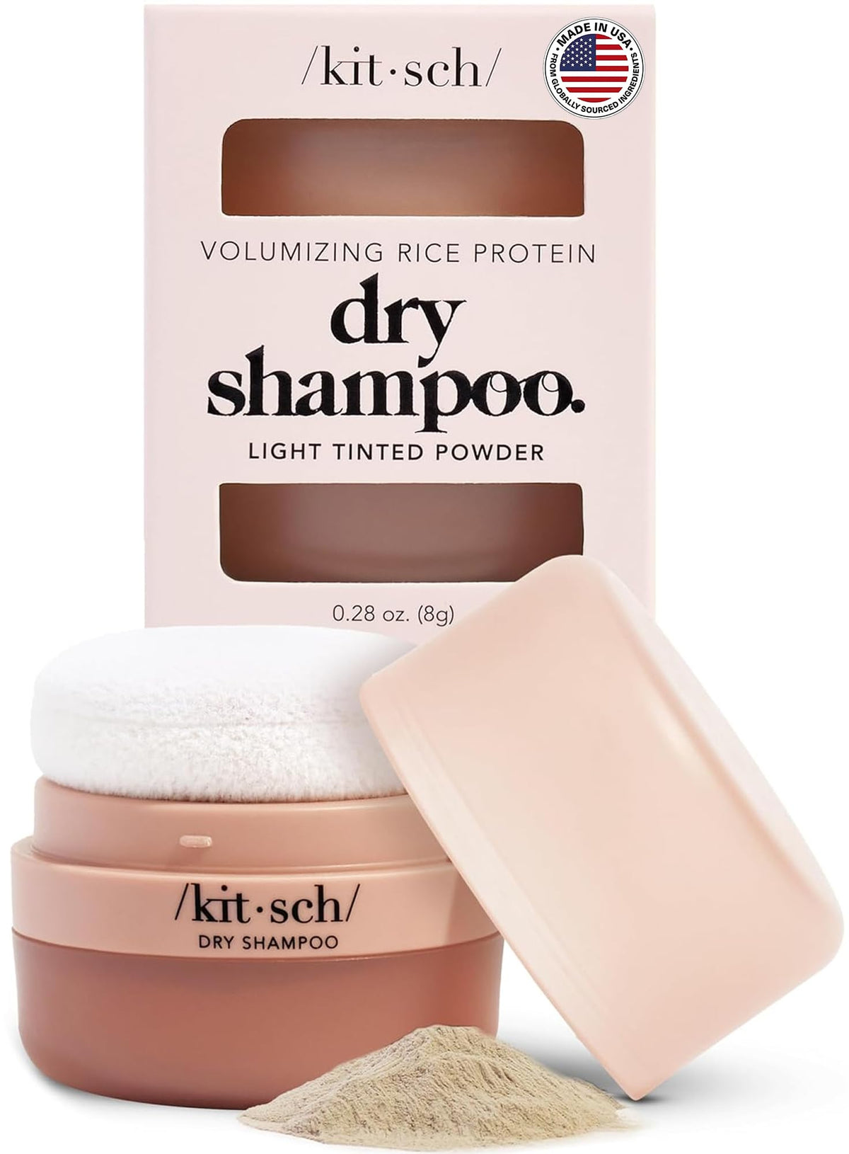Kitsch front packaging dry shampoo shows compact travel jar and clean design
