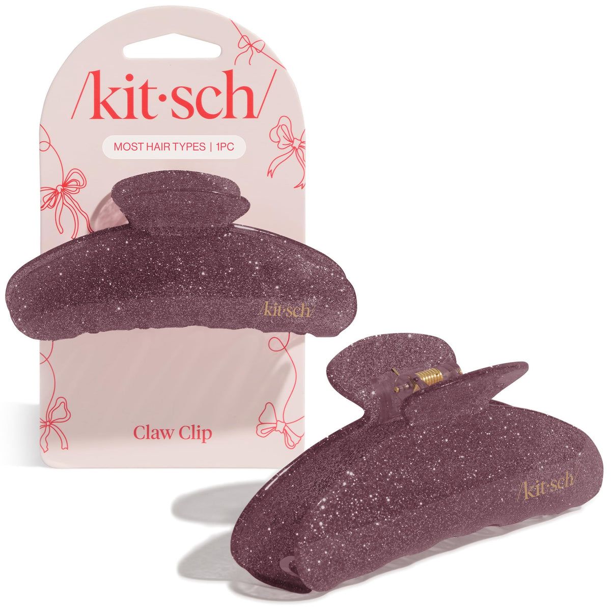 Kitsch front view of pink glitter clip showing shape and secure hold benefit