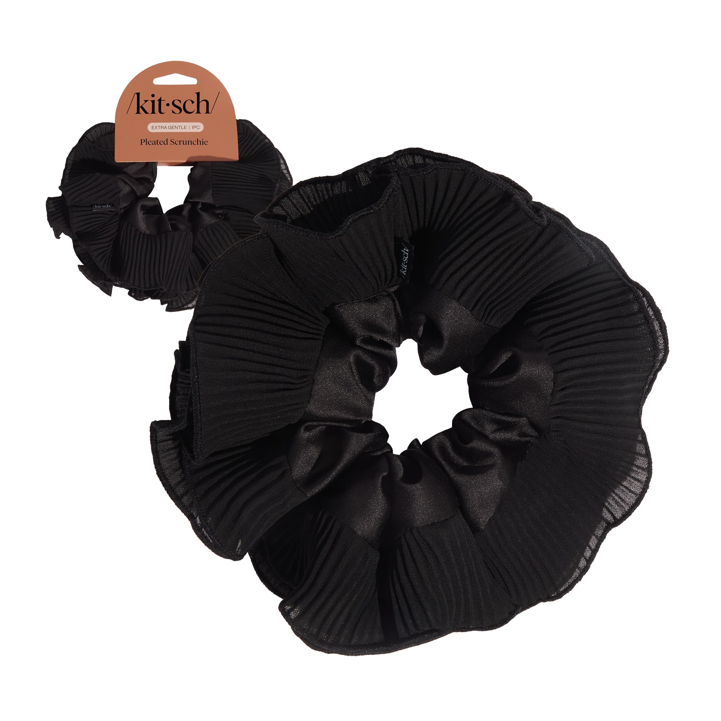 Kitsch front view of scrunchie packaging showing elegant black pleated design and gift-ready look