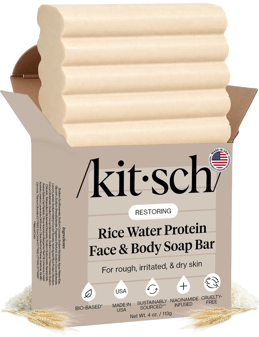 Kitsch rice water bar front packaging showing product benefits and travel size