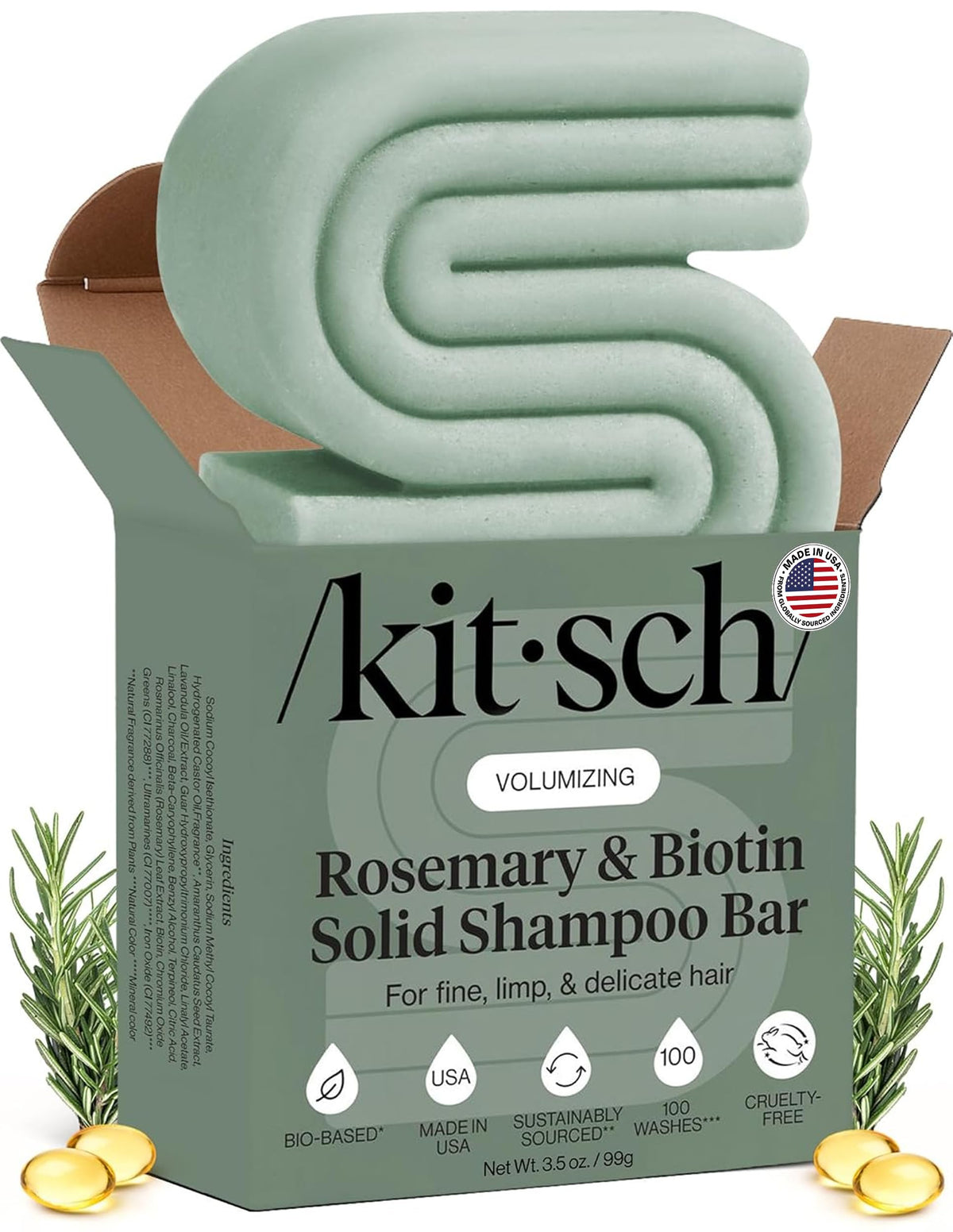 Kitsch front packaging of rosemary and biotin bar, shows product benefit of volumizing