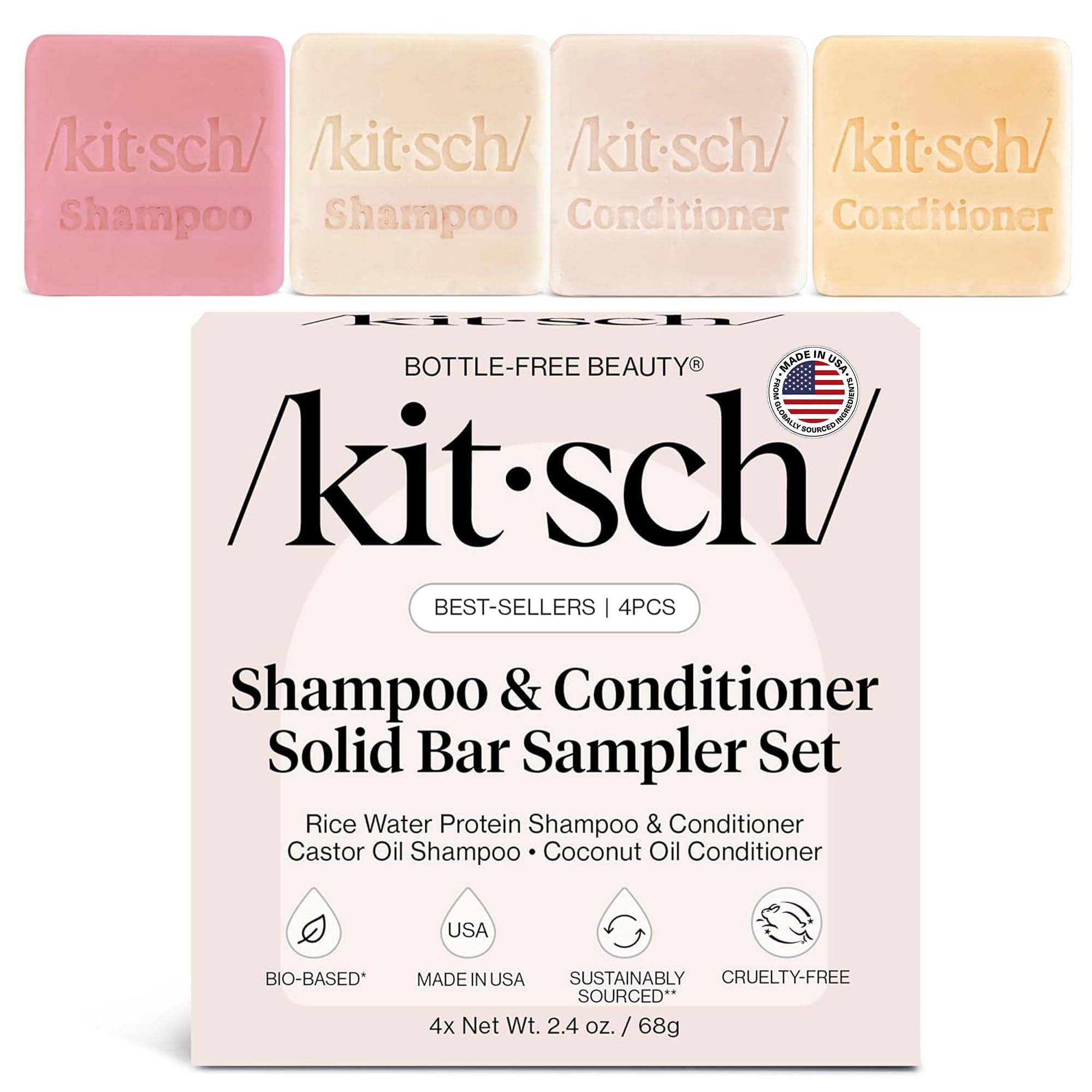 Kitsch front packaging of 4pc sampler set showing variety and eco benefit
