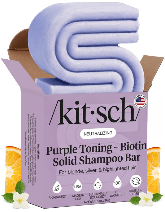Kitsch front packaging showing purple toning shampoo bar benefits