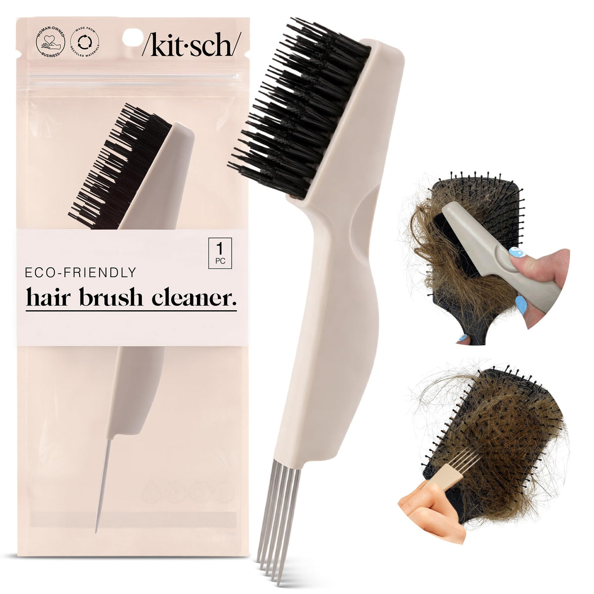 Kitsch front view of the double-sided brush cleaner showing ergonomic handle and head benefits