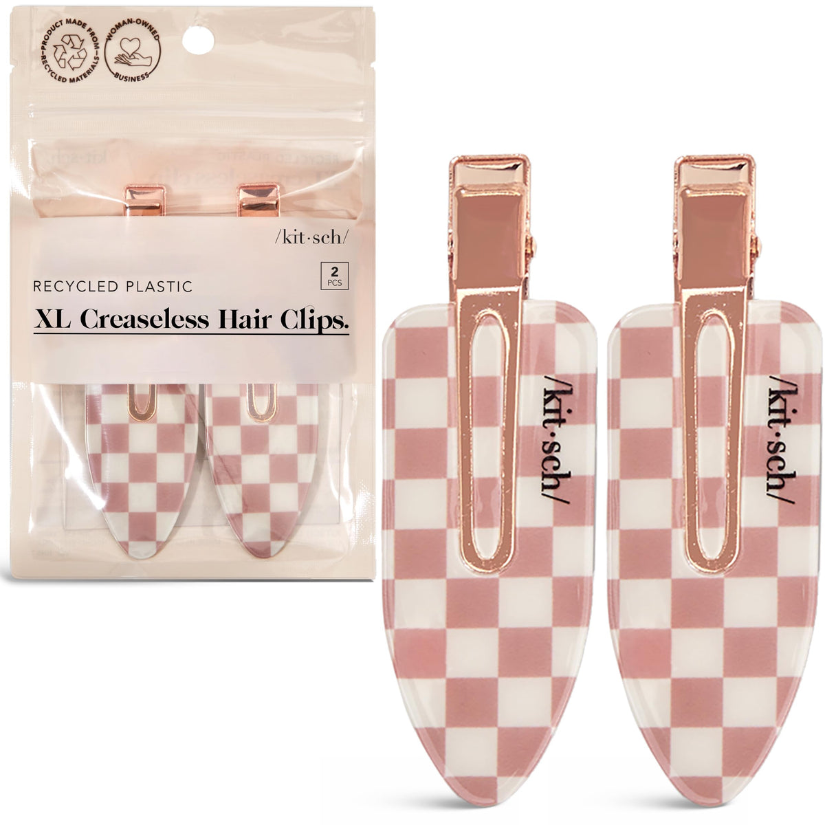 Kitsch front view of terracotta checkered clips showing polished finish and style benefit