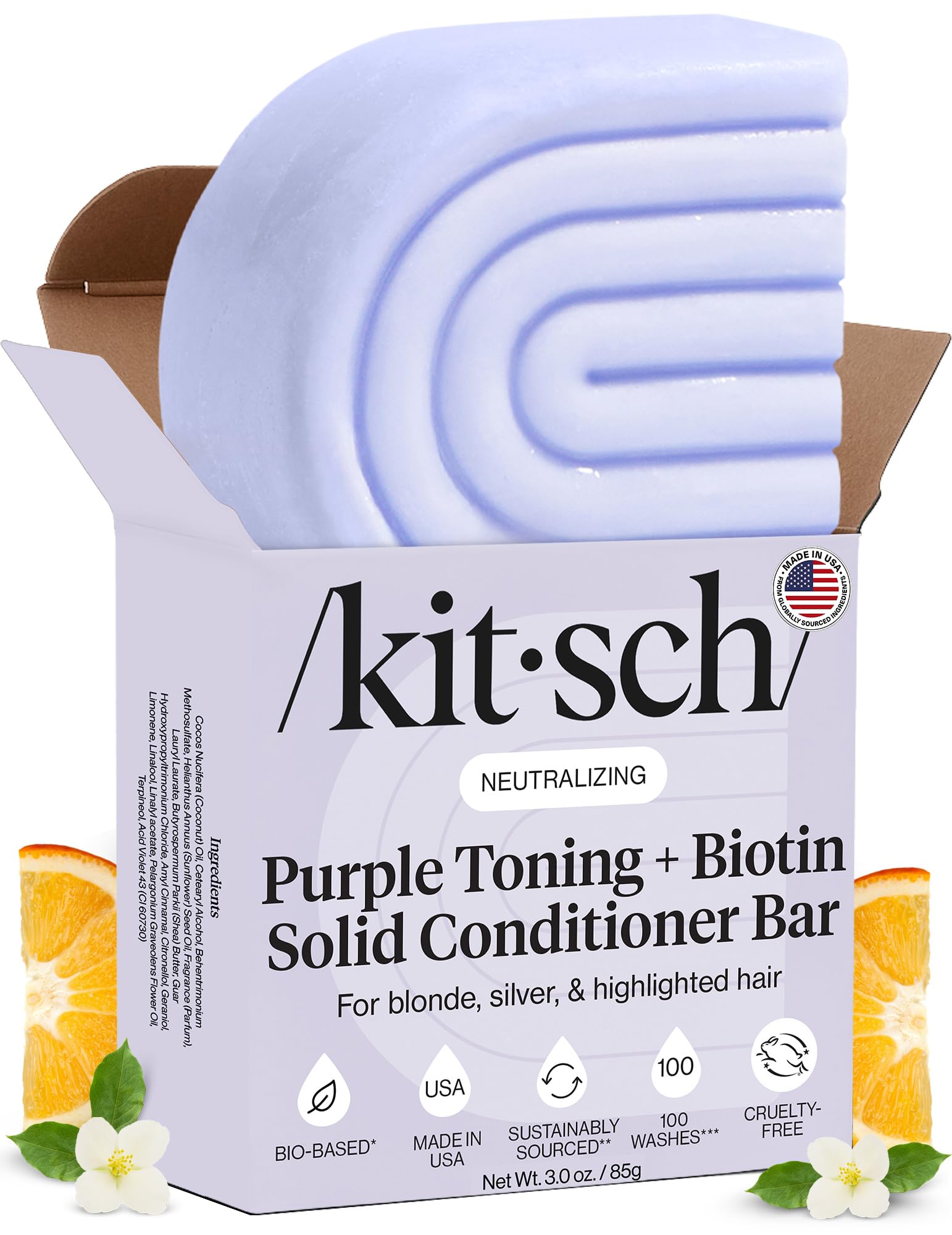 Kitsch front view conditioner bar showing compact purple toning solid and clear shape benefit: travel-friendly