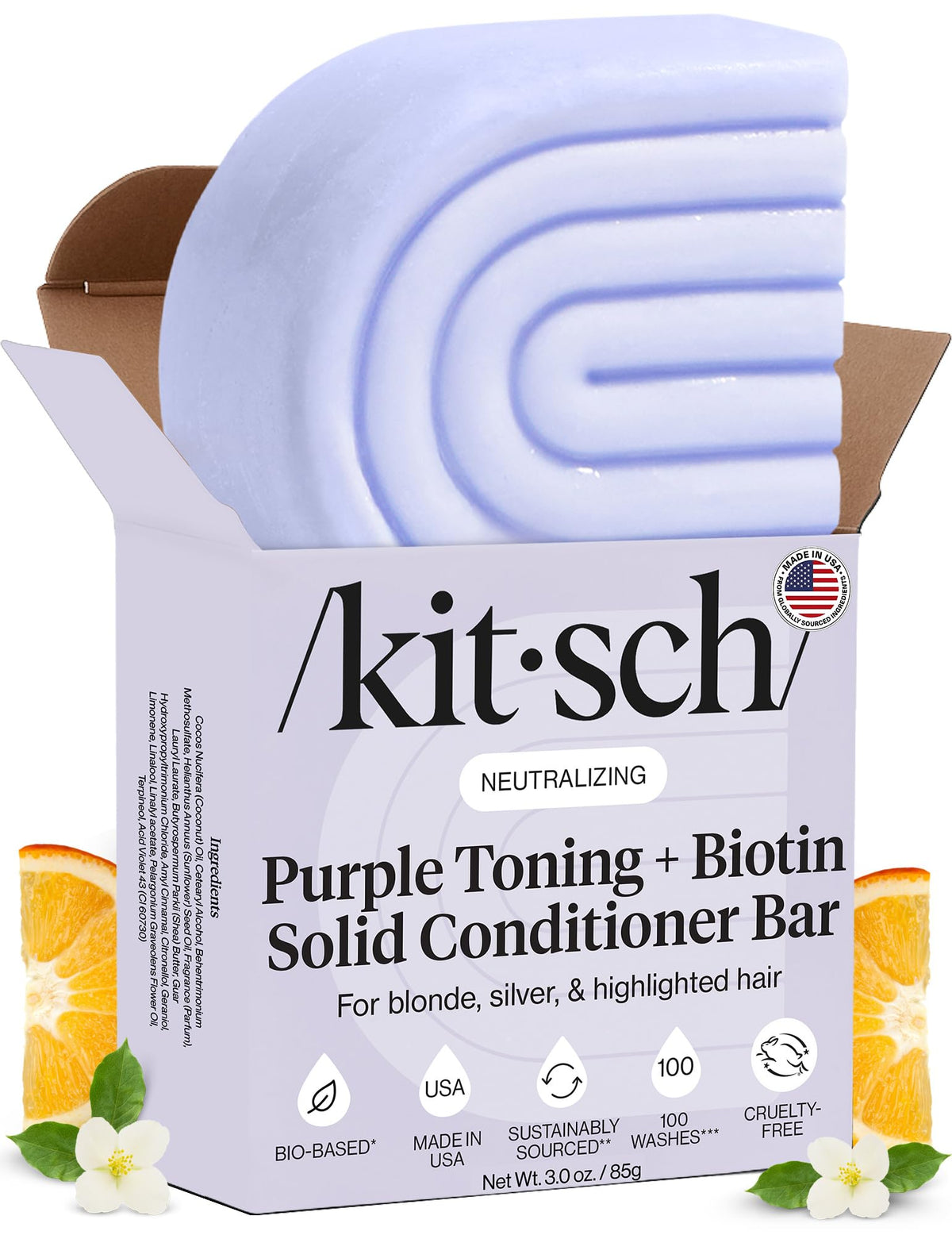 Kitsch front view conditioner bar showing compact purple toning solid and clear shape benefit: travel-friendly