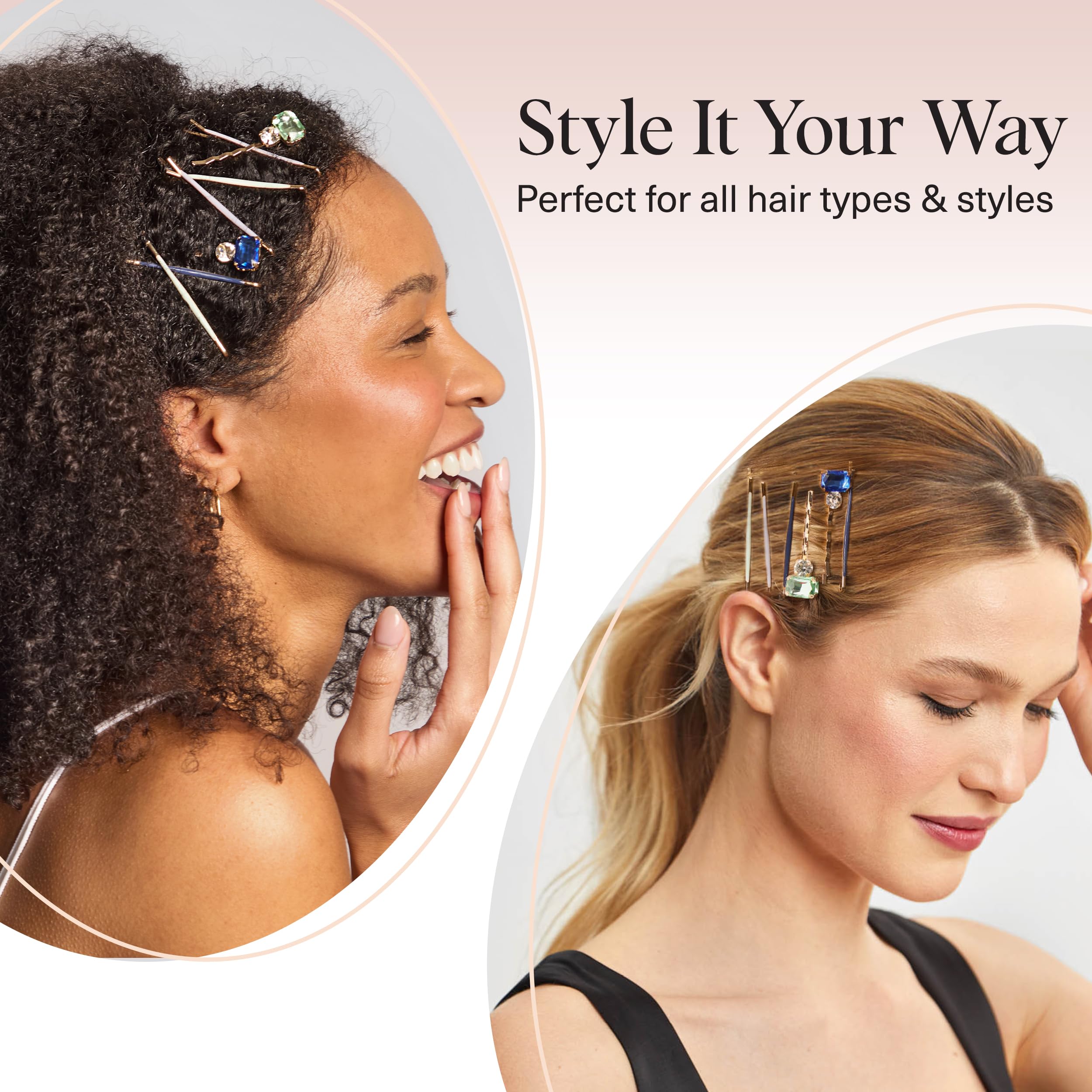 Kitsch pins arranged in a bridal updo demonstrating event-ready sparkle benefit