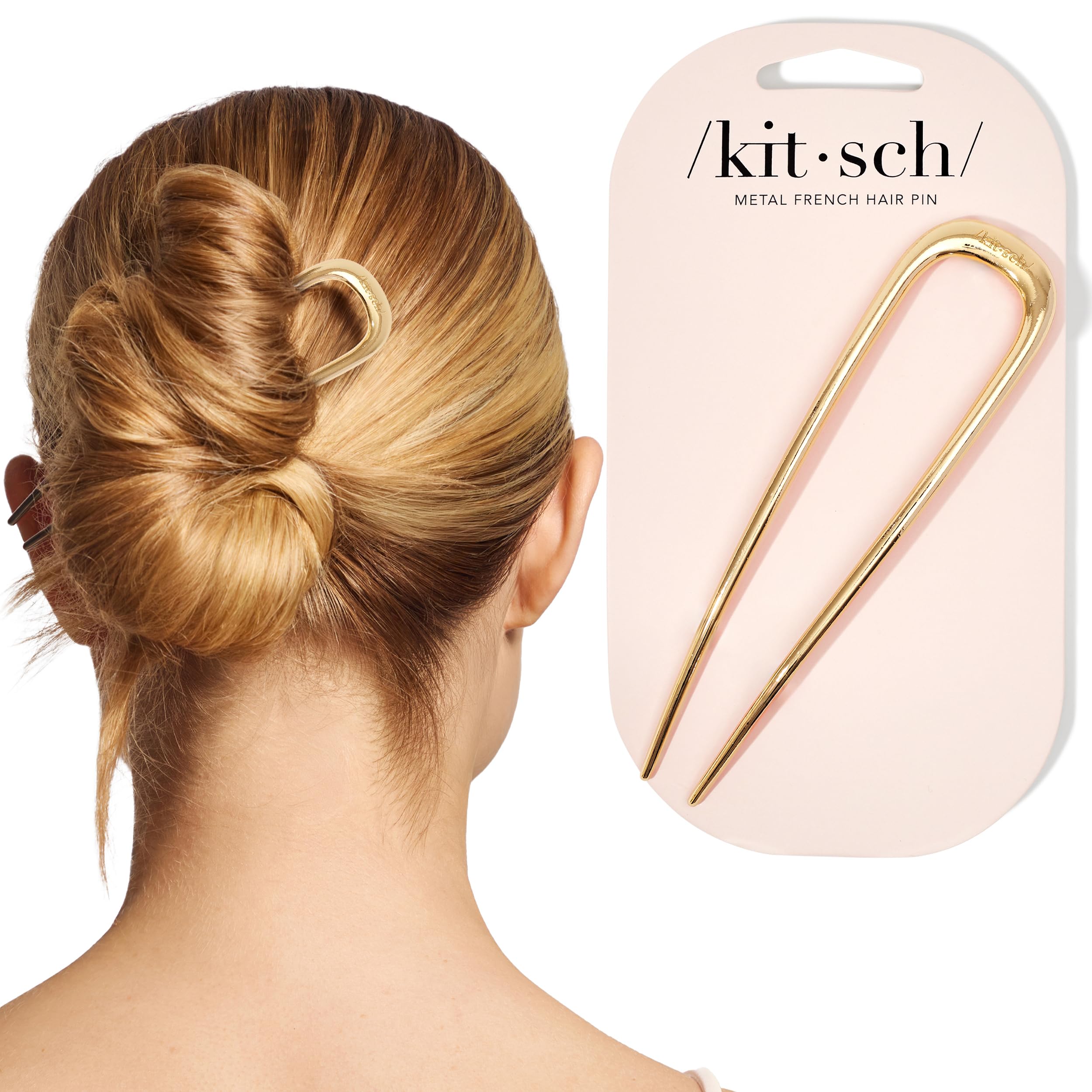 Kitsch gold hair pin front view showing sleek design and elegant hold