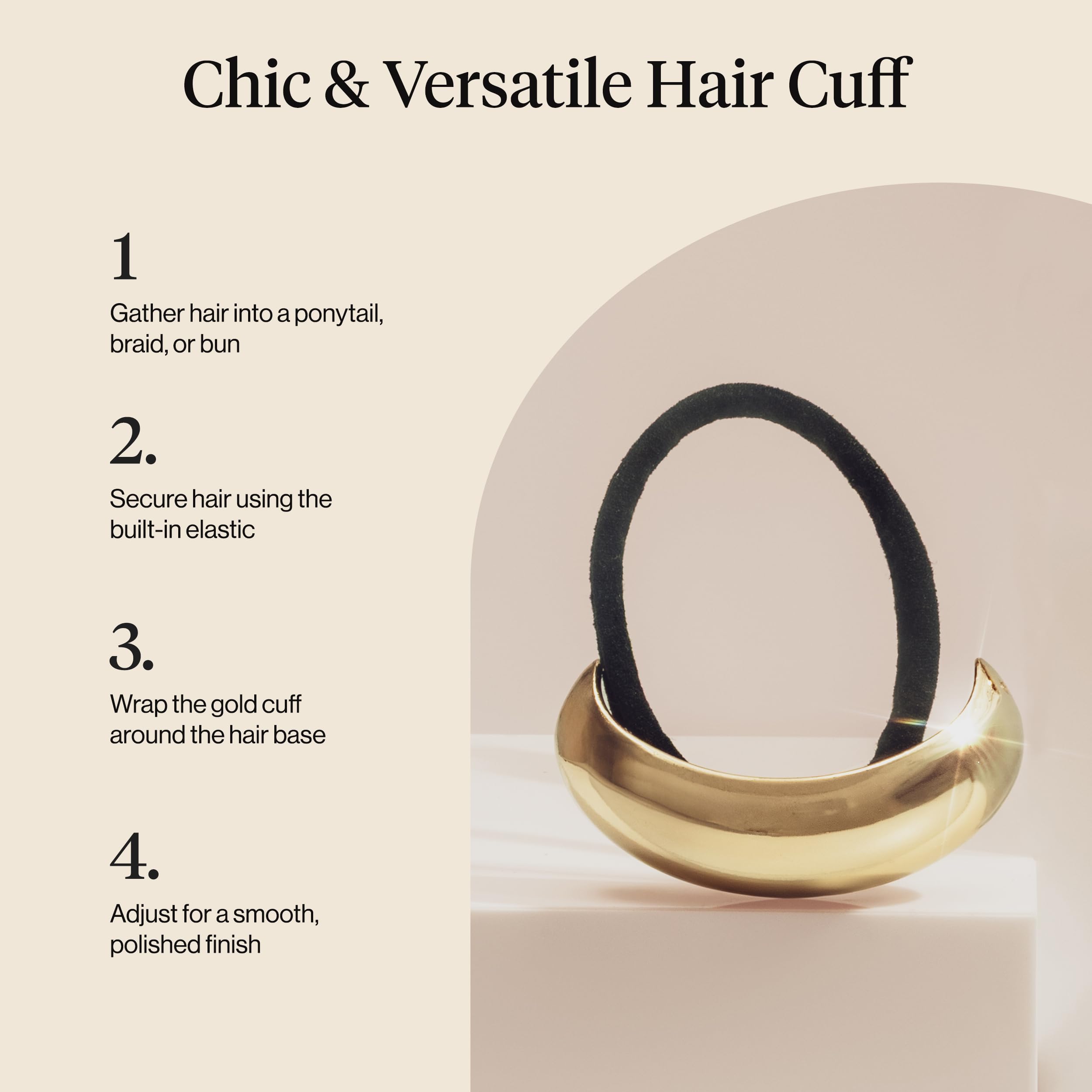 Kitsch gold hair cuff held in hand to show medium size and lightweight, travel-friendly design