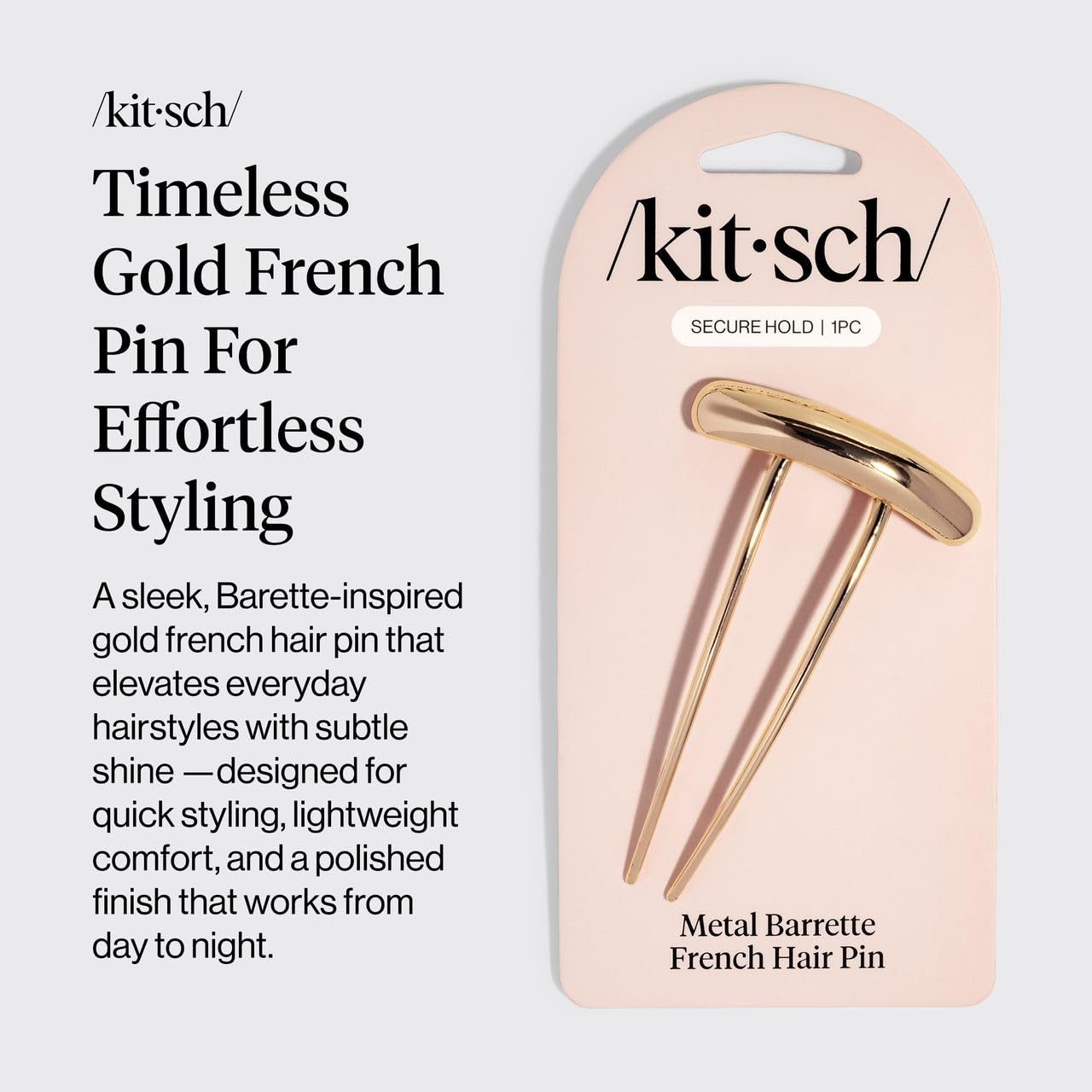 Kitsch gold hair pin side profile highlighting curved barrette shape and secure hold