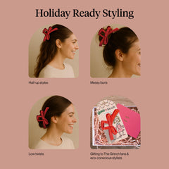 Kitsch Grinch bow held in hand to show compact size and portability
