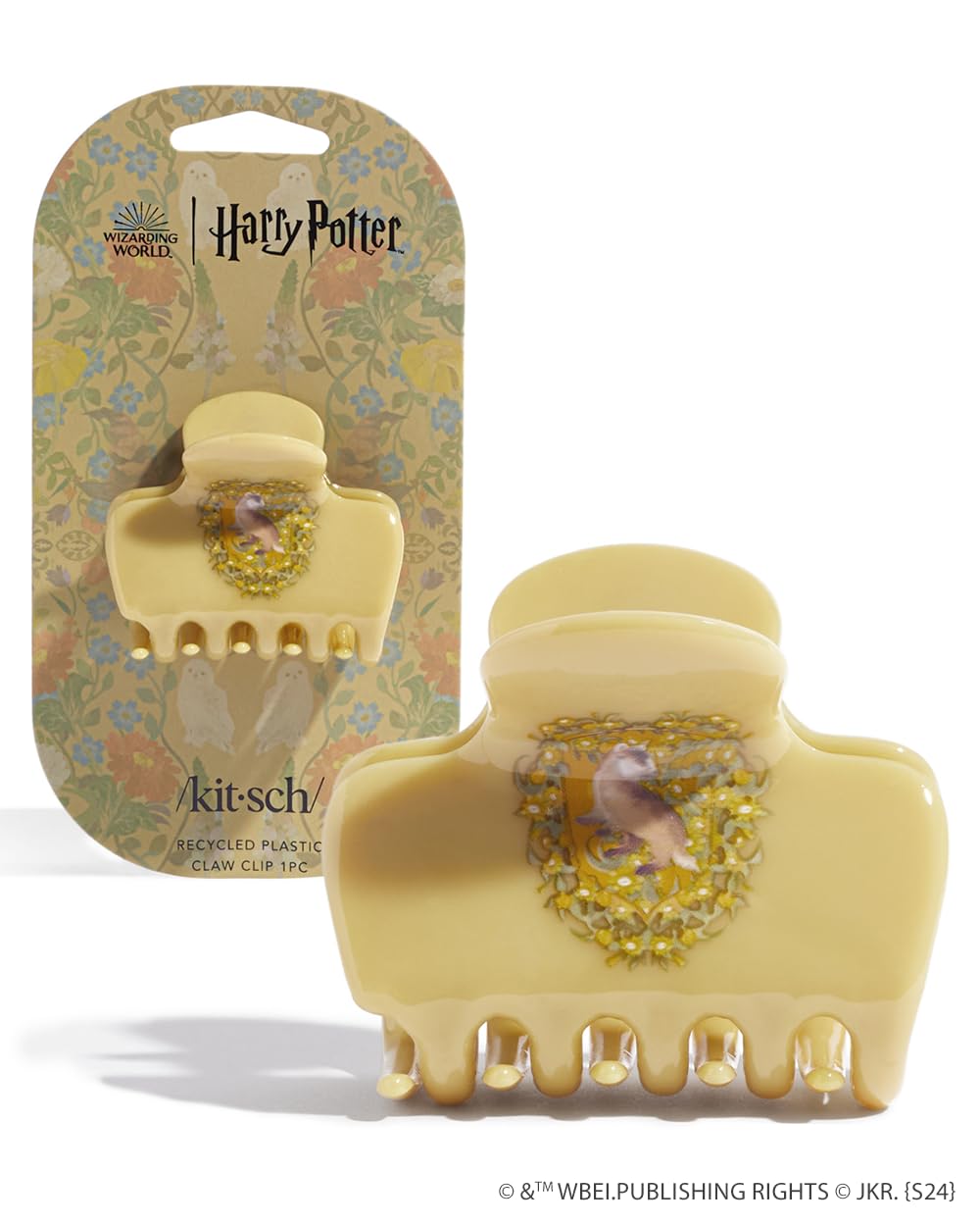 Kitsch Hufflepuff claw clip front view showing crest and secure hold