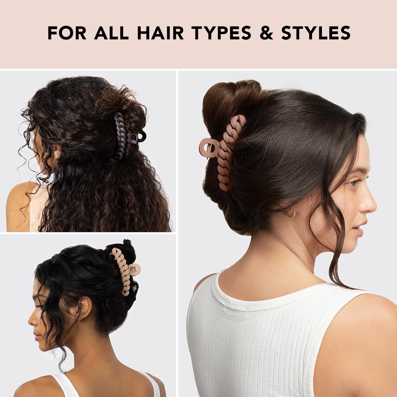 Kitsch clip securing a high bun on thick hair for comfortable all-day wear