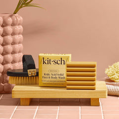 Kitsch ingredients display including turmeric, shea, and hyaluronic