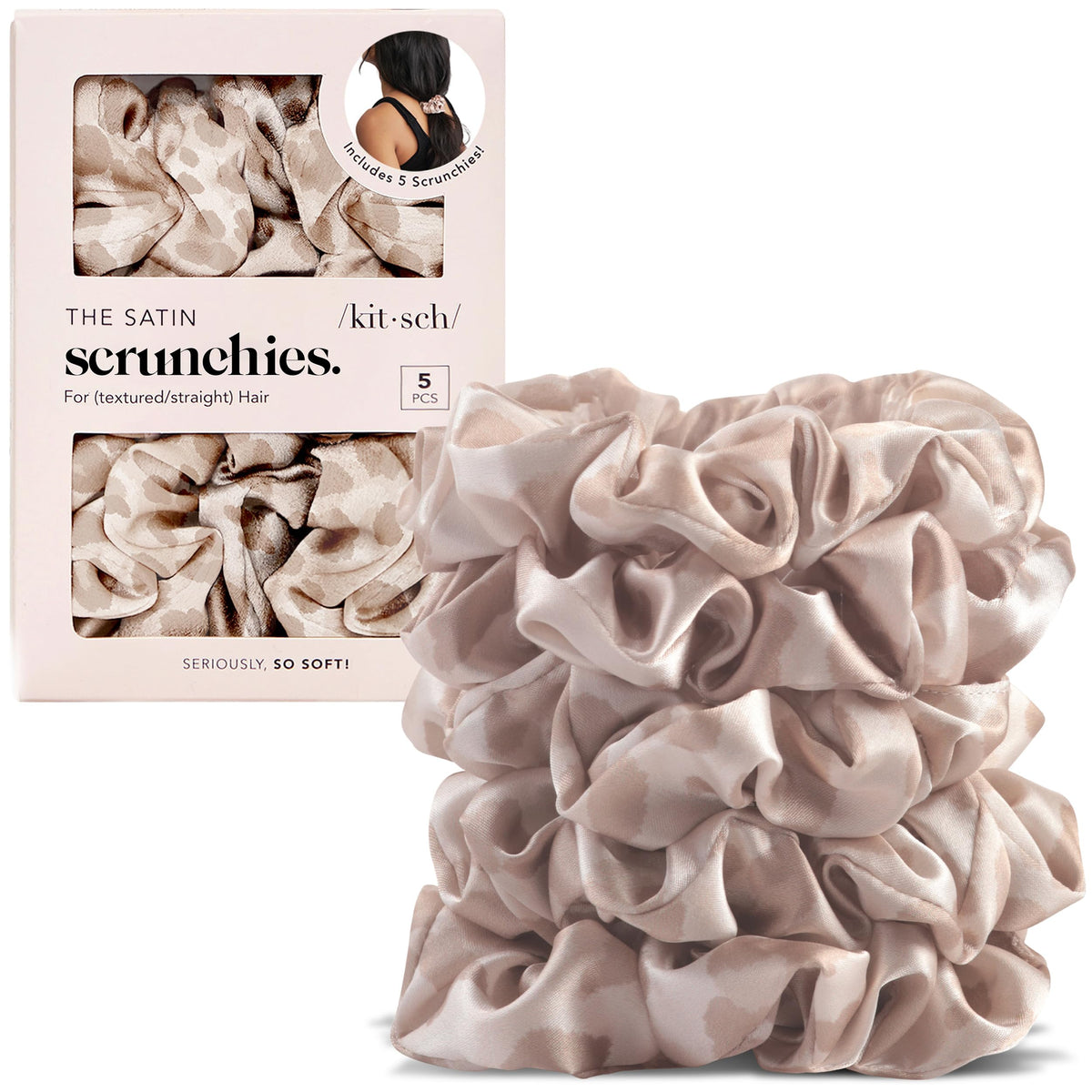 Kitsch leopard scrunchies front pack showing five pieces and bold print benefit