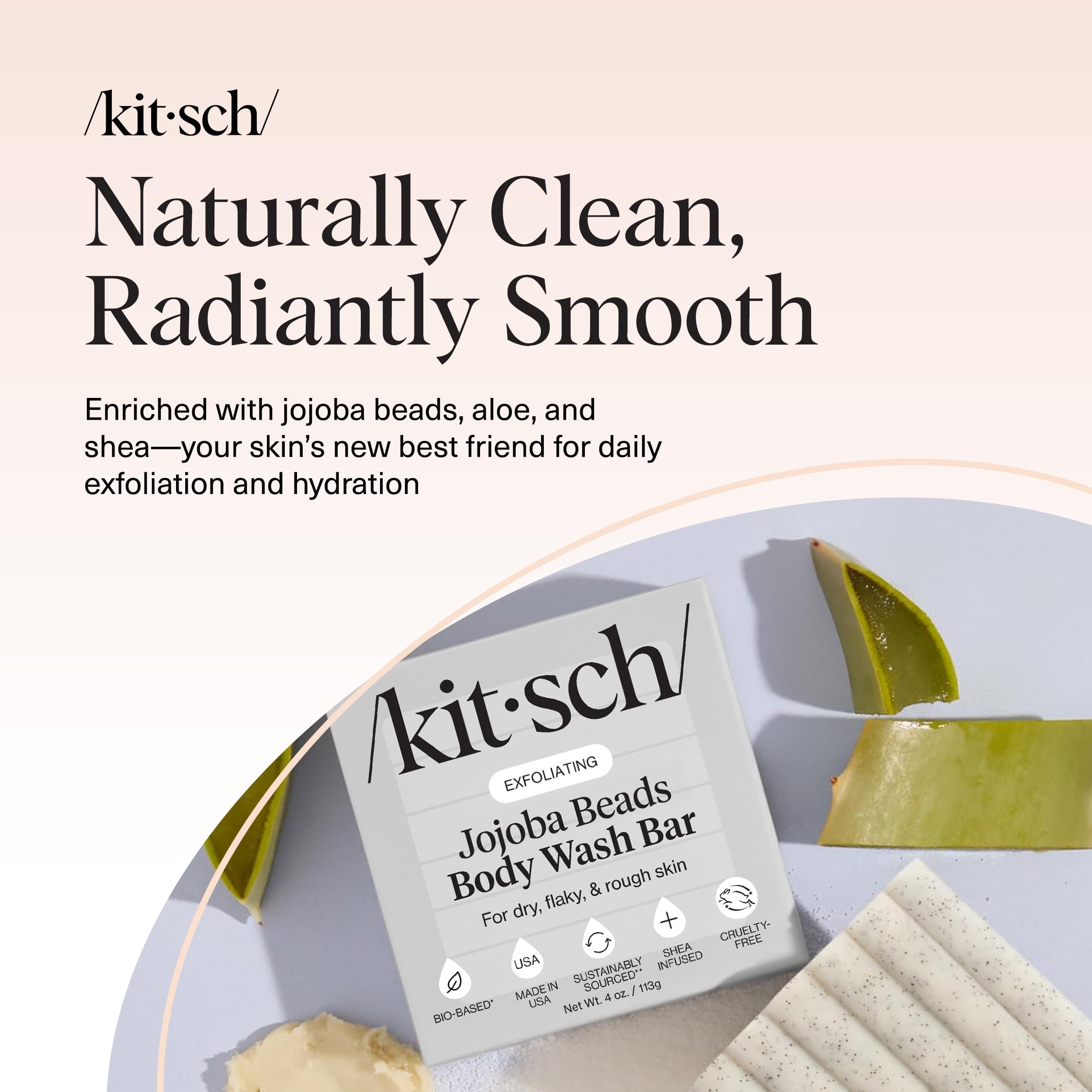 Kitsch bar on bathroom shelf styled lifestyle, evokes spa-like cleansing benefit