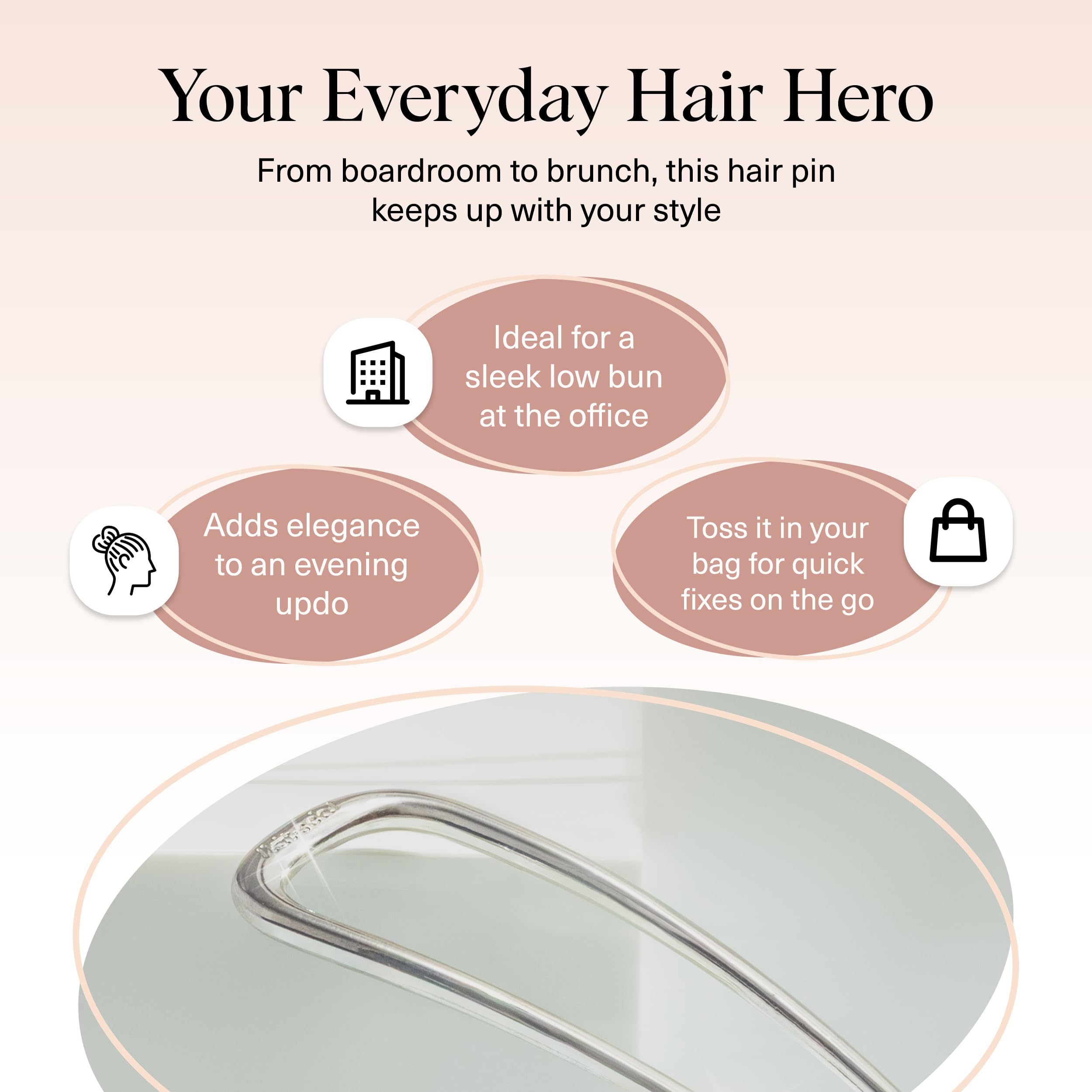 Kitsch hair pin in lifestyle shot worn by woman showing effortless elegance