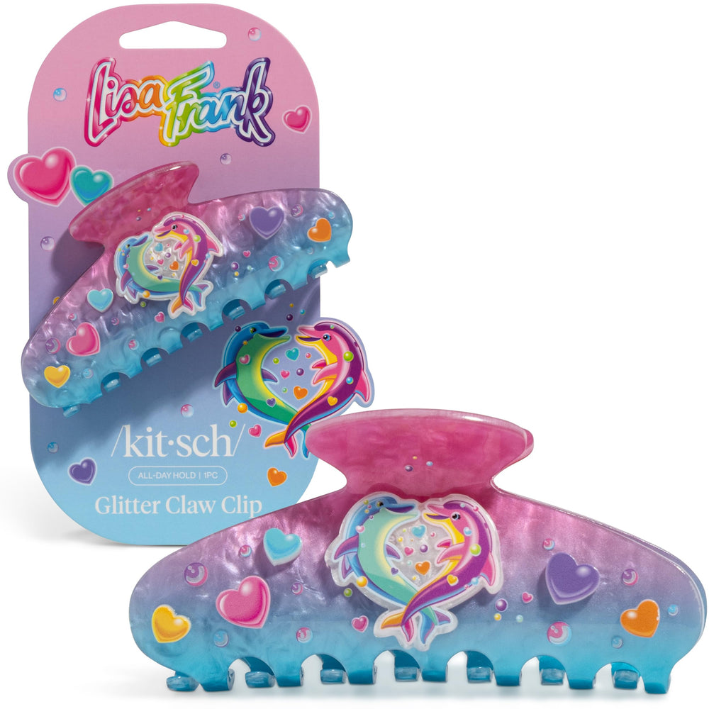 Kitsch Lisa Frank front view showing dancing dolphins and glitter shine for playful style