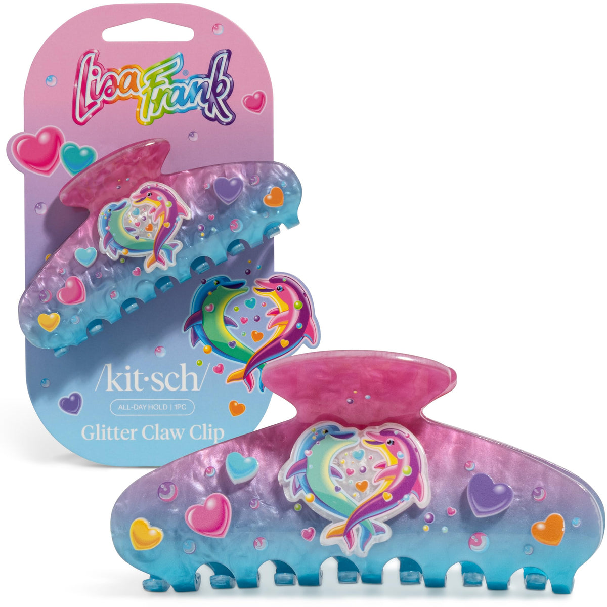 Kitsch Lisa Frank front view showing dancing dolphins and glitter shine for playful style