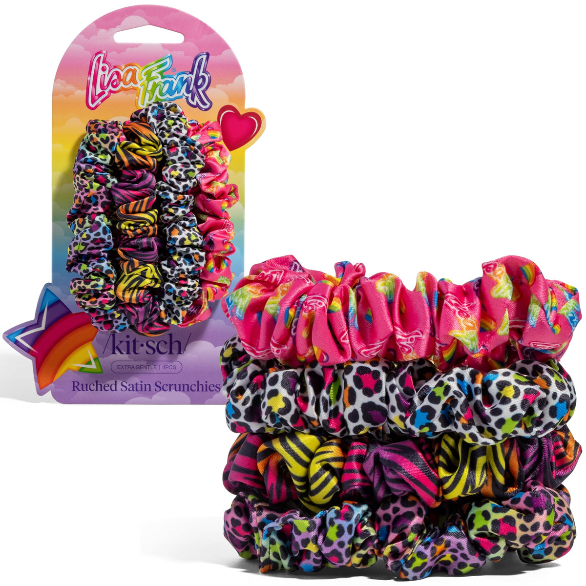 Kitsch x Lisa Frank front packaging showing Rainbow Leopard scrunchies and playful design benefit: bold gift-ready look