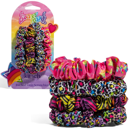 Kitsch x Lisa Frank front packaging showing Rainbow Leopard scrunchies and playful design benefit: bold gift-ready look