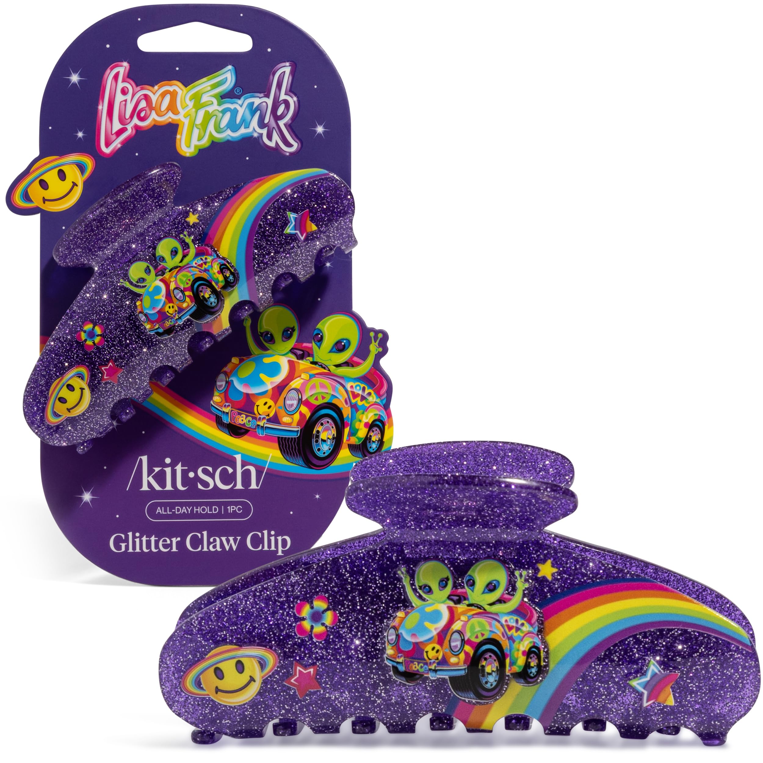 Kitsch purple glitter clip front view showing Lisa Frank design and stylish hold