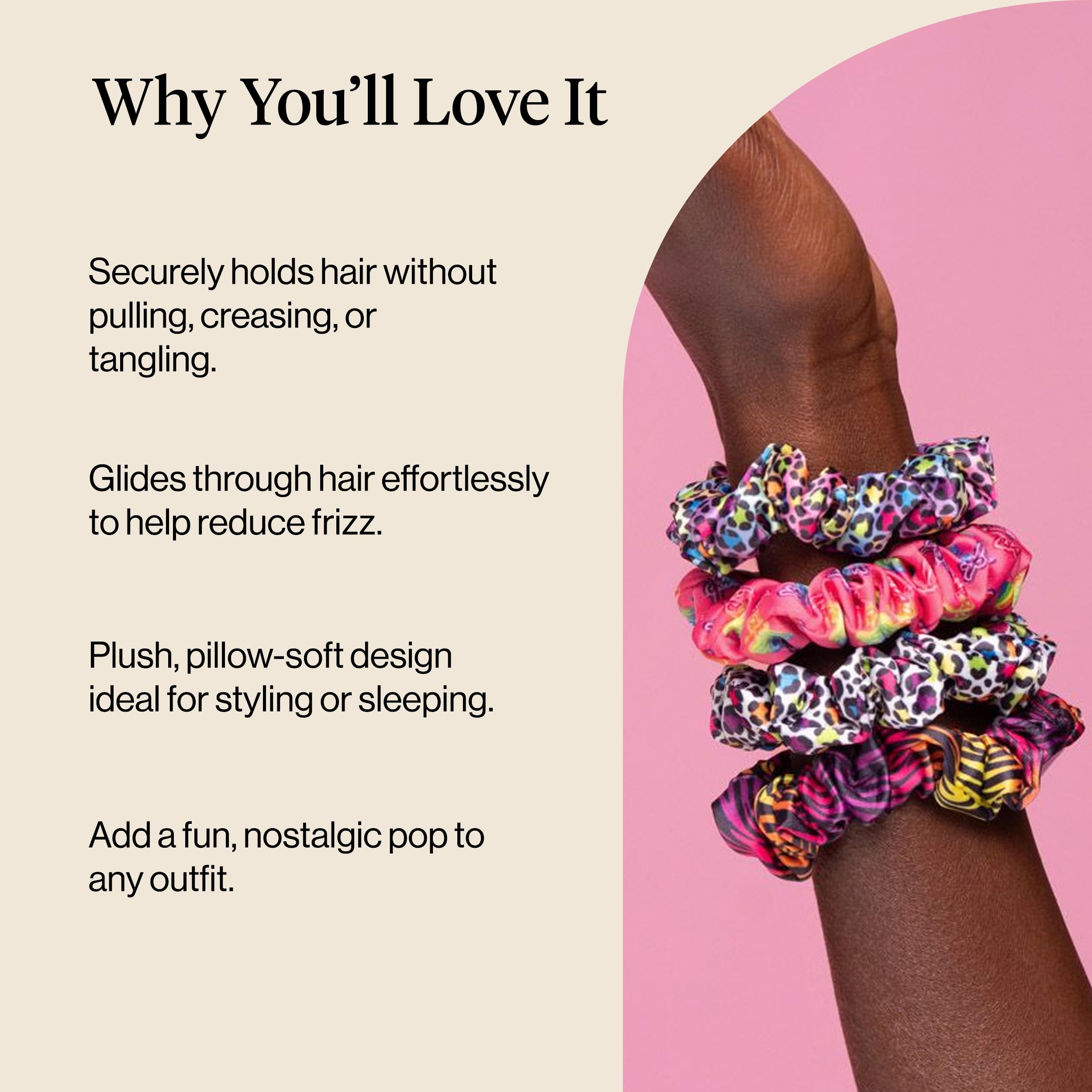 Kitsch scrunchie worn on wrist as accessory showing convenience and quick styling benefit