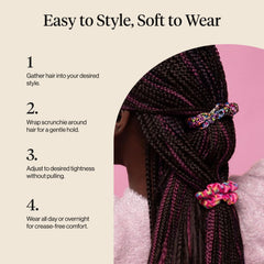 Kitsch scrunchie next to a hand for scale showing compact size and comfortable wear benefit