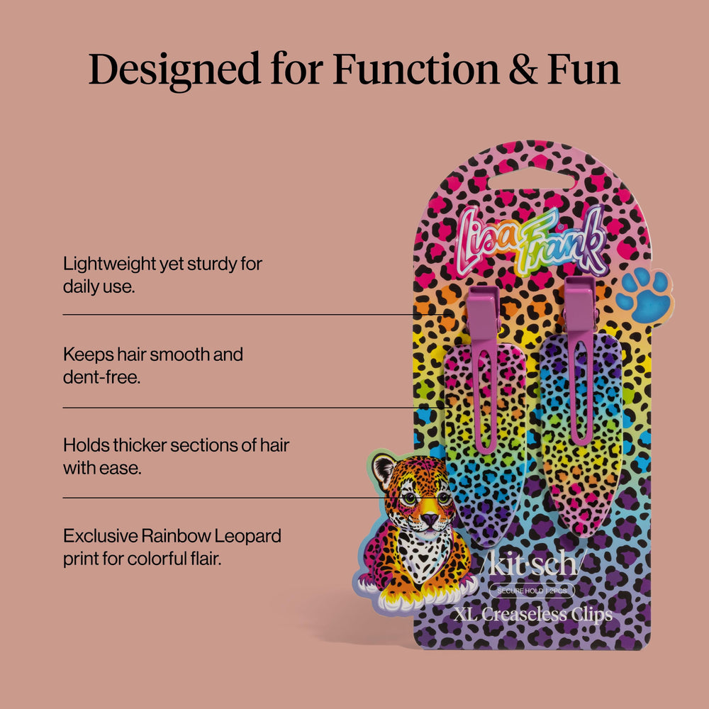 Kitsch Lisa Frank XL clipped on wet hair showing secure hold during face washing