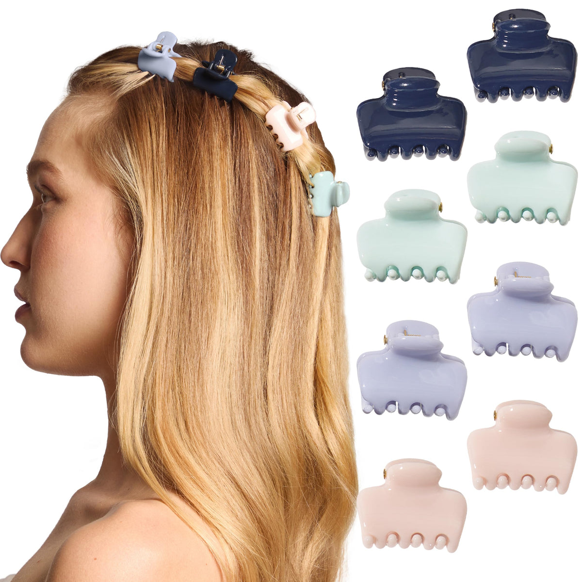 Kitsch mini clips set overhead view showing eight garden bouquet shades and easy styling