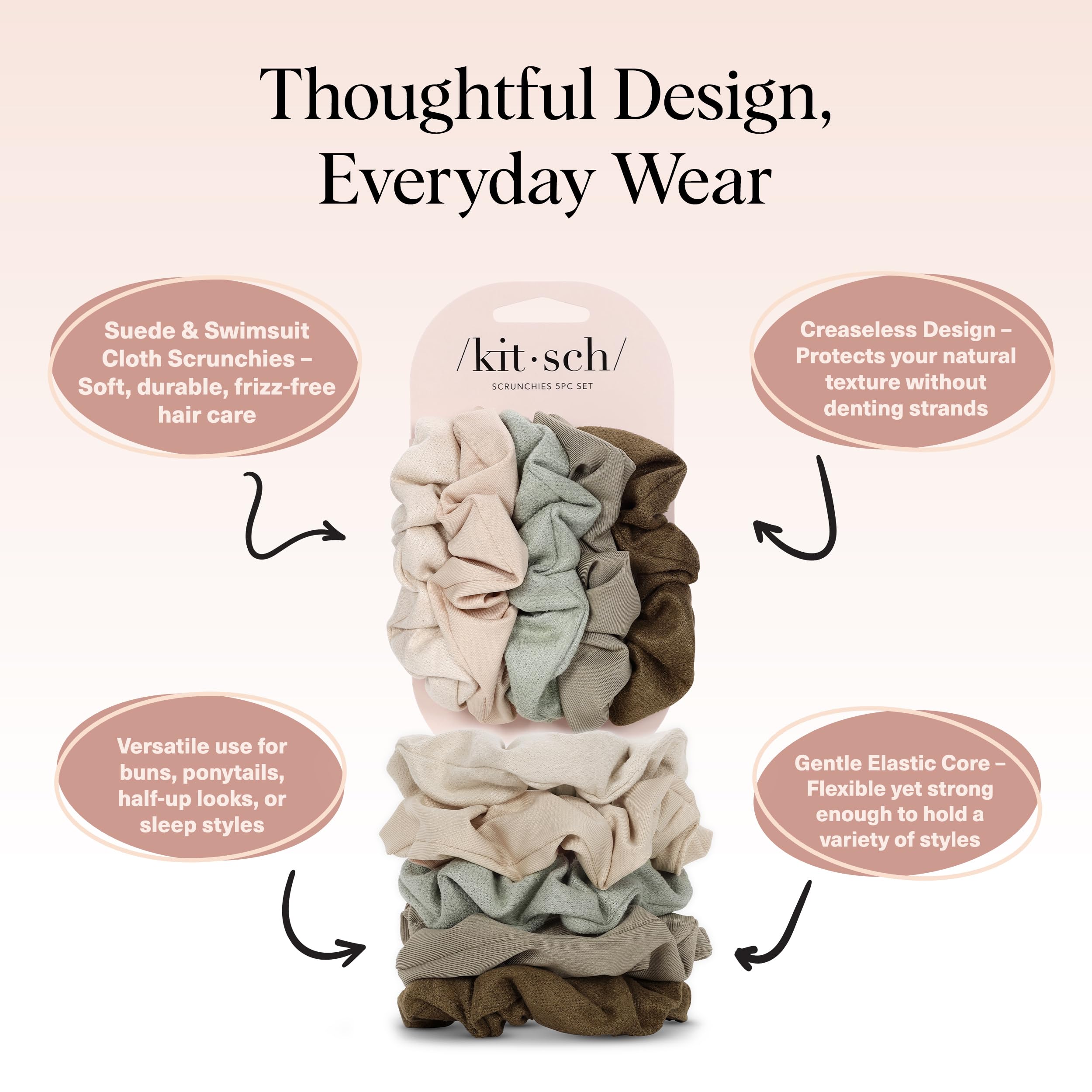 Kitsch scrunchie in a bun showing smooth finish and reduced hair damage